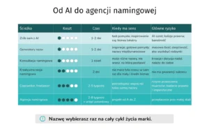 Infografika porównująca sześć ścieżek dojścia do nazwy marki: samodzielna praca z AI, generator nazw, konsultacja namingowa, kreatywna sesja namingowa, copywriter oraz agencja namingowa. Dla każdej podano koszt, czas realizacji, sytuację, w której ma sens, i główne ryzyko.